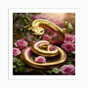 Golden Snake With Roses Art Print