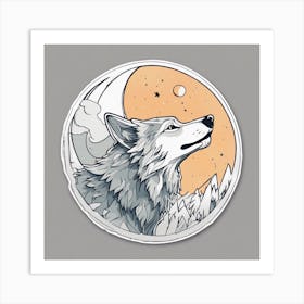 Sticker Art Design, Wolf Howling To A Full Moon, Kawaii Illustration, White Background, Flat Colors, (3) 1 Art Print