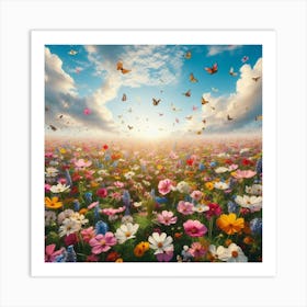 Colorful Flower Field With Butterflies 2 Art Print