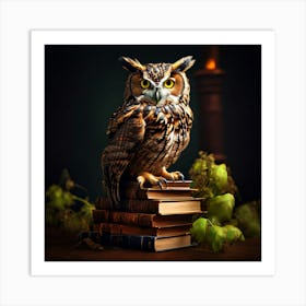 Owl On Books, An Owl Perched On A Stack Of Books Symbolizing Wisdom And Learning 7 Art Print