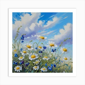 Beautiful Field Meadow Flowers Chamomile Blue Wild Peas In Morning Against Blue Sky With Clouds Nature Landscape Close Up Macro Wide Format Copy Space Delightful Pastoral Airy Artistic Image 3 Art Print