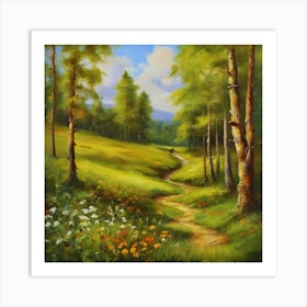 Path In The Woods.Canada's forests. Dirt path. Spring flowers. Forest trees. Artwork. Oil on canvas. Art Print