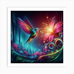 Create An Image High Definition Colorful Of A Hummingbird In A Neon Flower With An Ethereal Light The Landscape Is A Magical Forest 2 Art Print