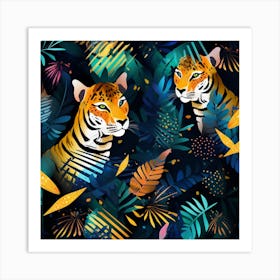 Seamless Pattern With Tiger And Leaves Art Print