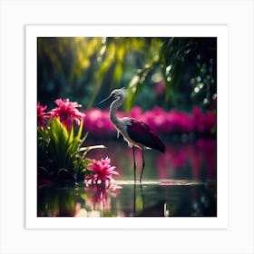 Burgundy and Grey Wading Bird amongst Pink Lagoon Flowers Art Print