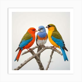 Three Birds Perched On A Branch Art Print