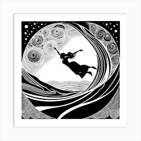 A Linocut Piece of woman Gracefully Falling Into An Abyss, 118 Art Print