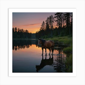 Horse Standing In Water At Sunset 1 Art Print