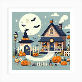 Halloween Houses With Pumpkins And Moon - Cute Vector style Illustration Art Print