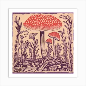 Mushroom Woodcut Purple 9 Art Print