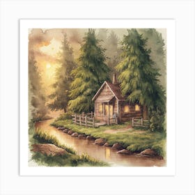 Enchanted Retreat A Serene Watercolor Of A Rustic Cabin In A Verdant Forest (1) Art Print