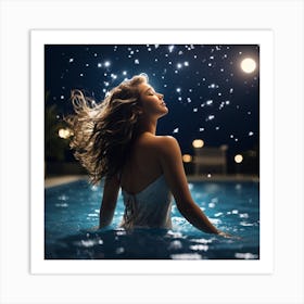 Beautiful Woman In The Pool At Night Art Print