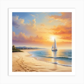 Sailboat On The Beach At Sunset 1 Art Print