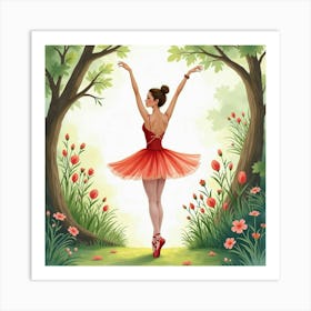 Ballet Dancer In Watercolor Lush Garden Setting 1 Art Print