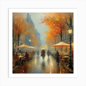 Amsterdam cafes, autumn season, rain, autumn oil colours.Faded colours,People passing on the street, winter clothes, rain umbrellas.13 Art Print