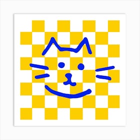 Cat On Checkerboard Yellow Art Print