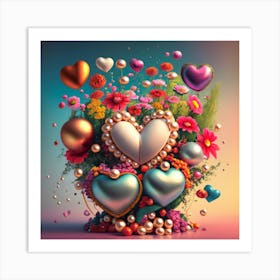 beautiful flowers, pearls, surreal magnificent, lots of shiny splash on top many heart globes, falling pearls . Art Print