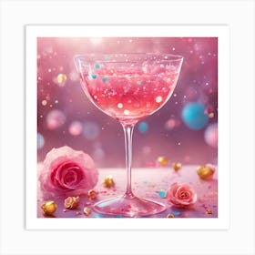 Pink Cocktail With Roses Affiche