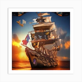 Pirate Ship At Sunset Art Print