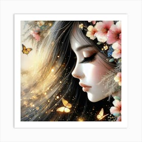 Butterfly Girl With Flowers Art Print