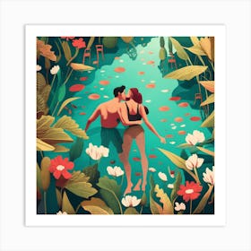 Illustration Of A Couple In The Water Art Print