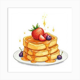 A Whimsical Watercolor Of A Warm And Fluffy Stack Of French Toast With Syrup And Fresh Fruit Art Print