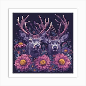 Two Deer With Flowers Art Print