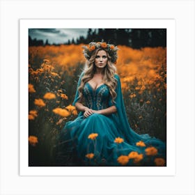 Beautiful Woman In A Field Of Flowers Art Print