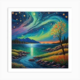 Aurora Borealis. Starry Pathway: Vibrant Landscape Art with Swirling Galaxy and Illuminated Trees Art Print