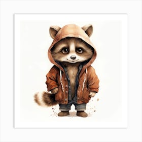 Watercolour Cartoon Raccoon In A Hoodie 2 Art Print