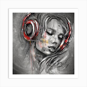 Girl With Headphones Art Print