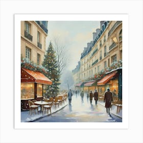 Paris cafes, winter season, Christmas, pale colors, pedestrians in the street, winter clothes, falling snow.19 Art Print