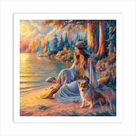 Indian Woman And Dog Art Print