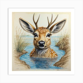 Deer In Water 18 Art Print