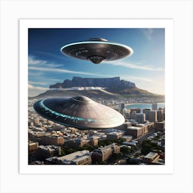 A Breathtakingly Detailed Illustration Of 2 Colossal UFO's Near Table Mountain Art Print