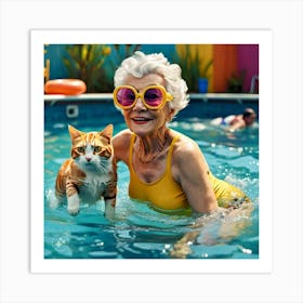 Grandma And Her Pet Cat In Swimming Pool 2 Art Print