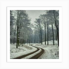 Snowy Road In The Forest Art Print