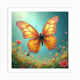 A Whimsical Butterfly With Wings Of Flowing, Iridescent Ribbons Fluttering Through A Dreamlike Meadow 1 Art Print