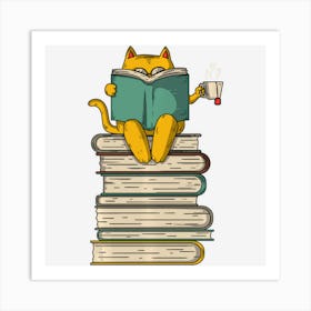 Reading Cat Funny Book & Tea Lover Gift Art Print