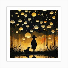 Girl, Dog, Based On "Graveyard Of  Fireflies", Surrealism, Lighting Art Print