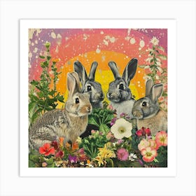 Rainbow Rabbits With Greens 1 Art Print