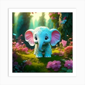 Firefly 3d, Animated, Cute, Little, Round, Turquoise, Elephant, Baby, Forest, Pink Flowers, Whimsica (2) Art Print