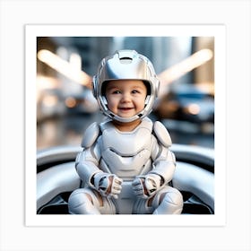 3d Dslr Photography, Model Shot, Baby From The Future Smiling Wearing Futuristic Suit Designed By Apple, Digital Vr Helmet, Sport S Car In Background, Beautiful Detailed Eyes, Professional Award Winning Portr (1) Art Print