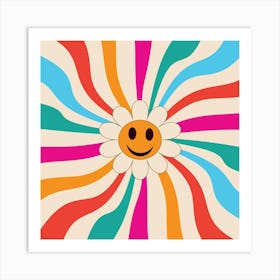 Smiling Flower on Retro Sunburst Art Print