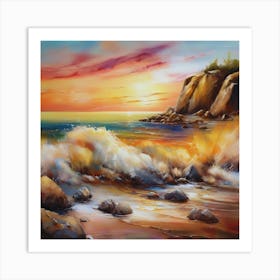 Artwork, oil colors, sea and sunset, seashore, beach rocks.San Francisco, USA.10 Art Print