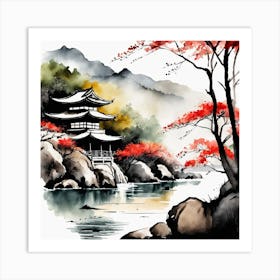 Japanese Landscape Painting Sumi E Drawing (3) Art Print