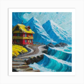 Acrylic and impasto pattern, mountain village, sea waves, log cabin, high definition, detailed geometric 13 Art Print