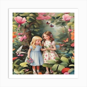 Two Little Girls In The Garden Art Print