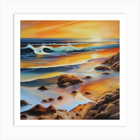 Artwork, oil colors, sea and sunset, seashore, beach rocks.San Francisco, USA.3 Art Print