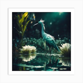 Rainforest Lily Pond with Teal Blue Wading Bird Art Print